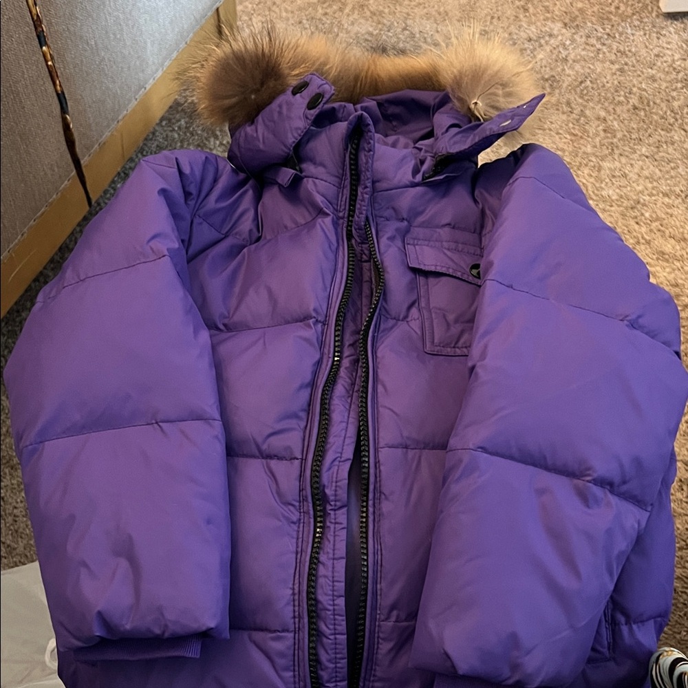 Kids Insulated Purple Puffer Jacket with Faux-Fur Hood